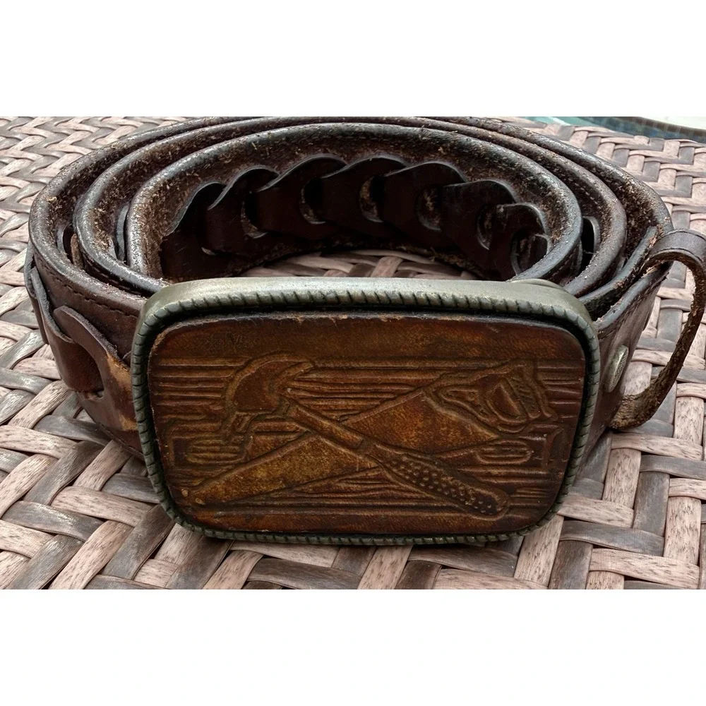 Leather Hand Tooled Woven Brown Belt Carpenter Buckle Hammer Saw Mexico Size 40